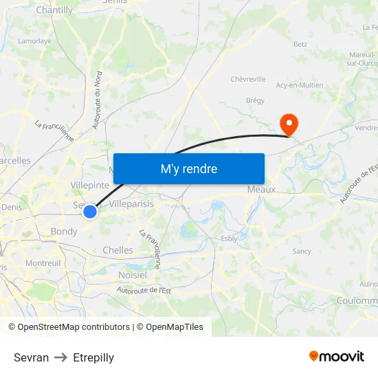 Sevran to Etrepilly map