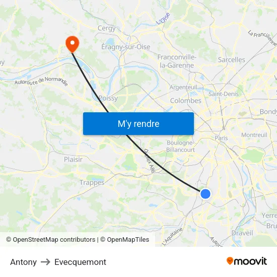 Antony to Evecquemont map