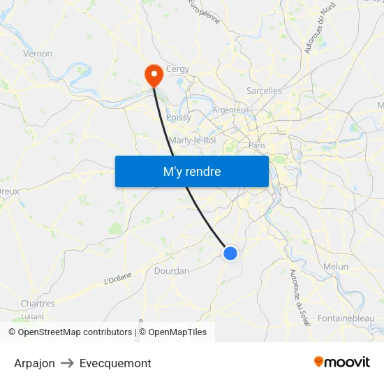 Arpajon to Evecquemont map