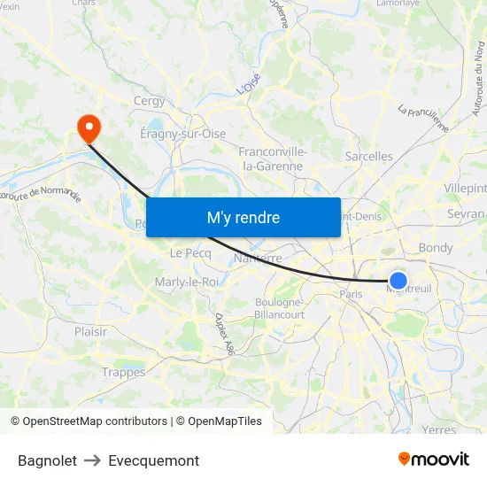 Bagnolet to Evecquemont map