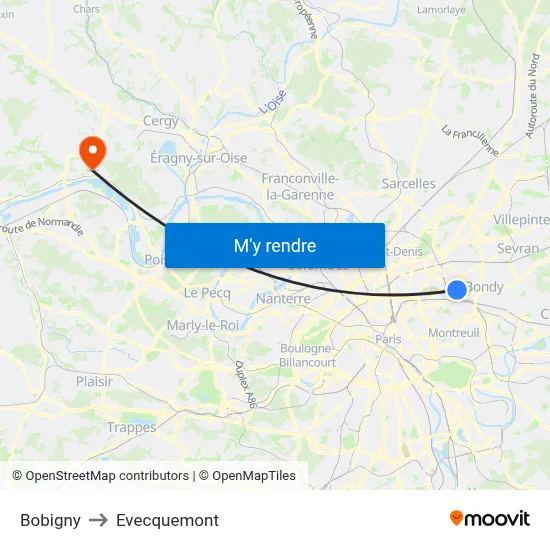 Bobigny to Evecquemont map