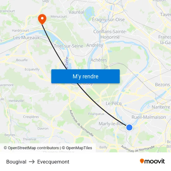 Bougival to Evecquemont map