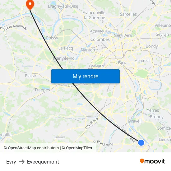 Evry to Evecquemont map