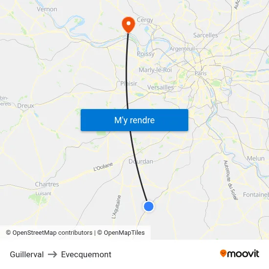 Guillerval to Evecquemont map