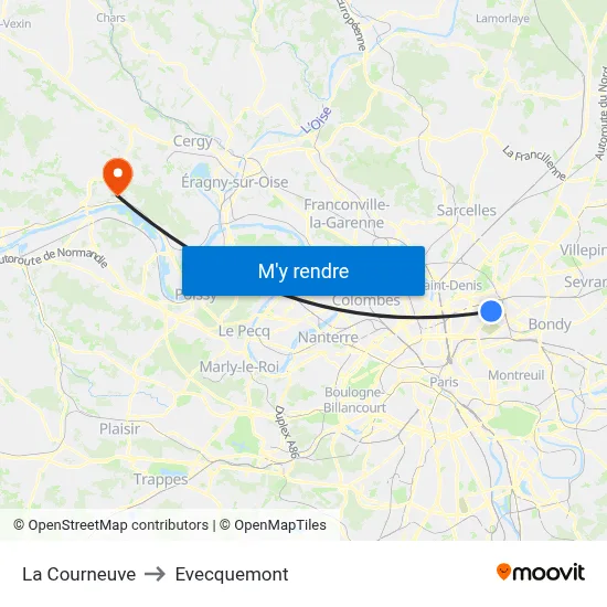 La Courneuve to Evecquemont map