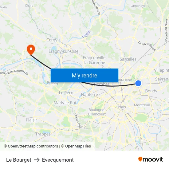 Le Bourget to Evecquemont map