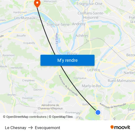 Le Chesnay to Evecquemont map