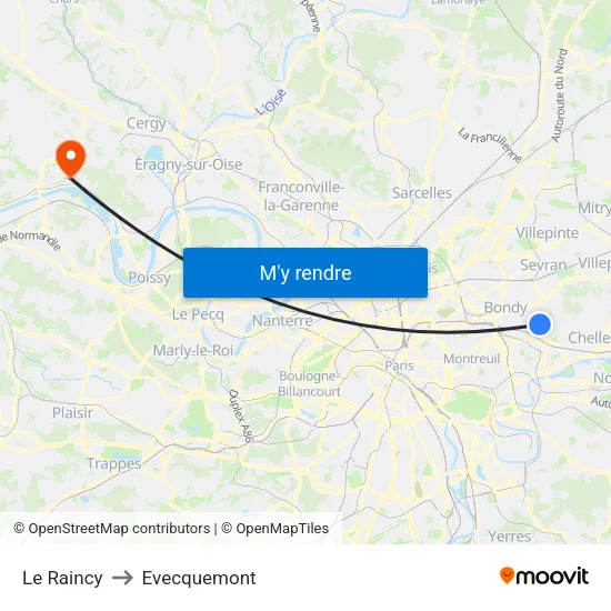 Le Raincy to Evecquemont map
