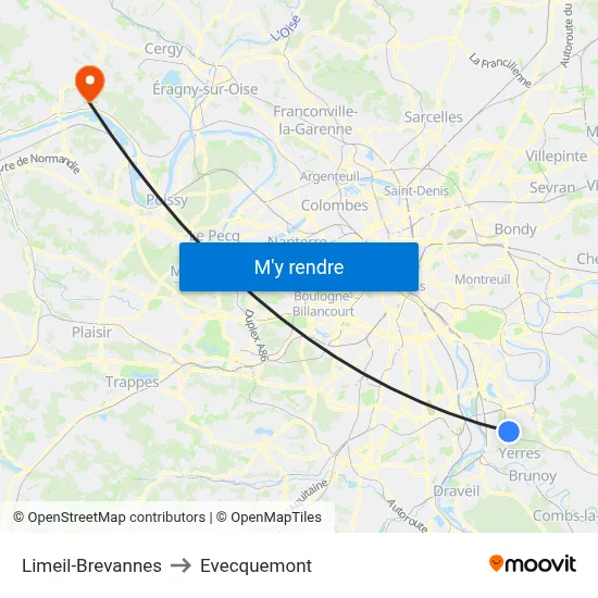 Limeil-Brevannes to Evecquemont map