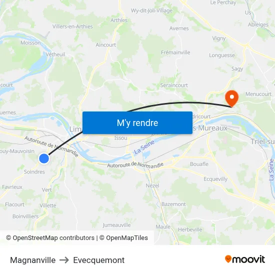 Magnanville to Evecquemont map