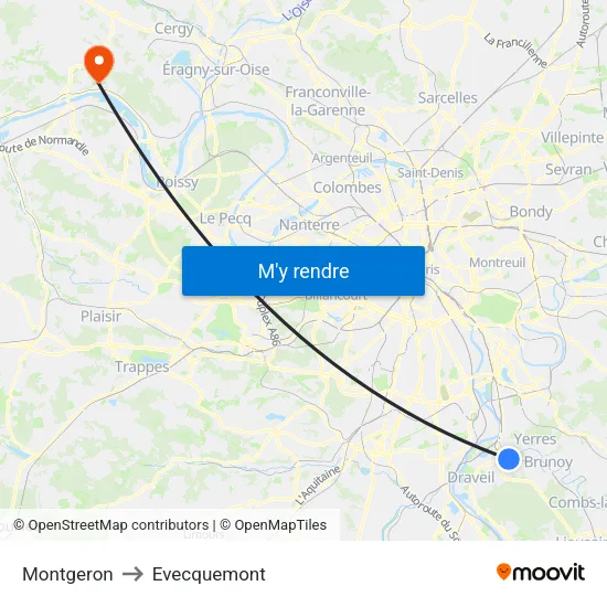Montgeron to Evecquemont map