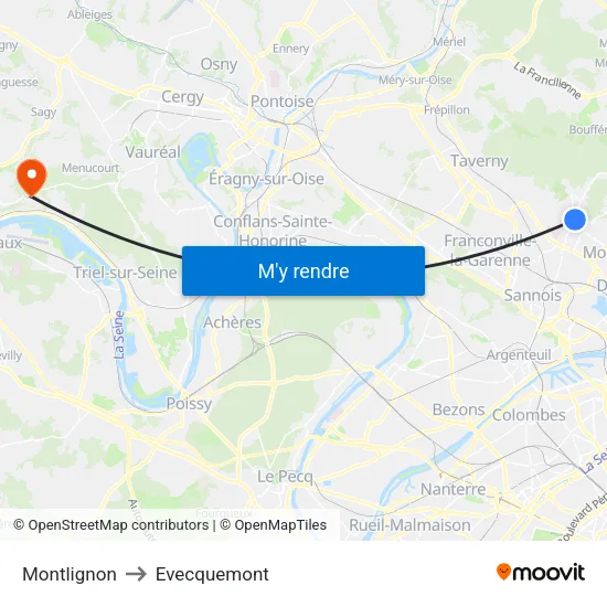 Montlignon to Evecquemont map