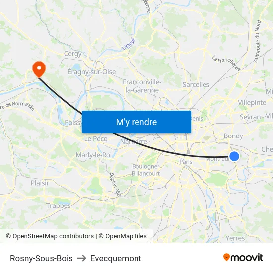 Rosny-Sous-Bois to Evecquemont map