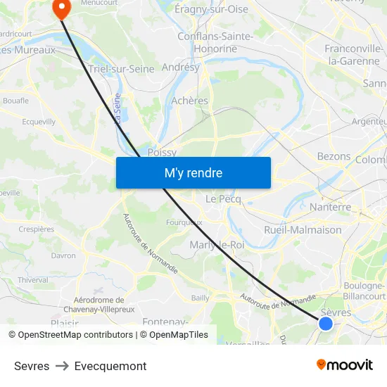 Sevres to Evecquemont map
