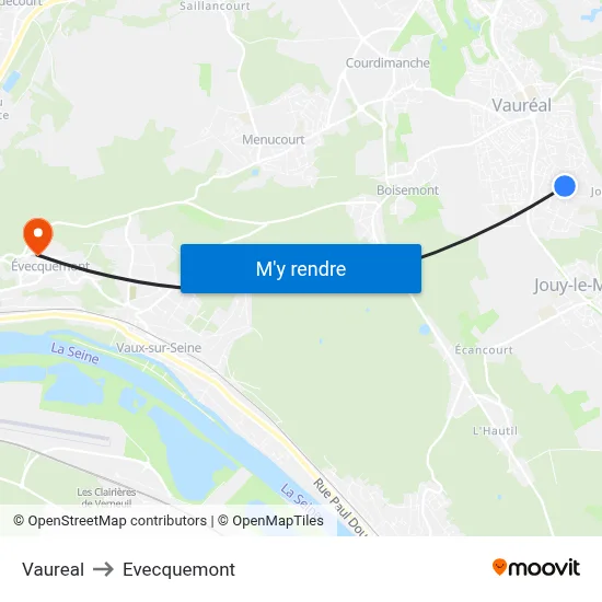 Vaureal to Evecquemont map