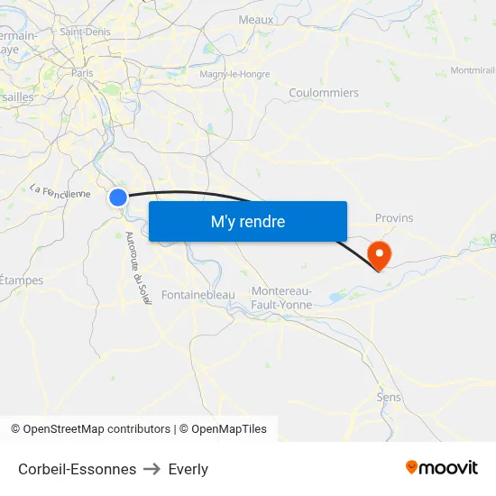 Corbeil-Essonnes to Everly map