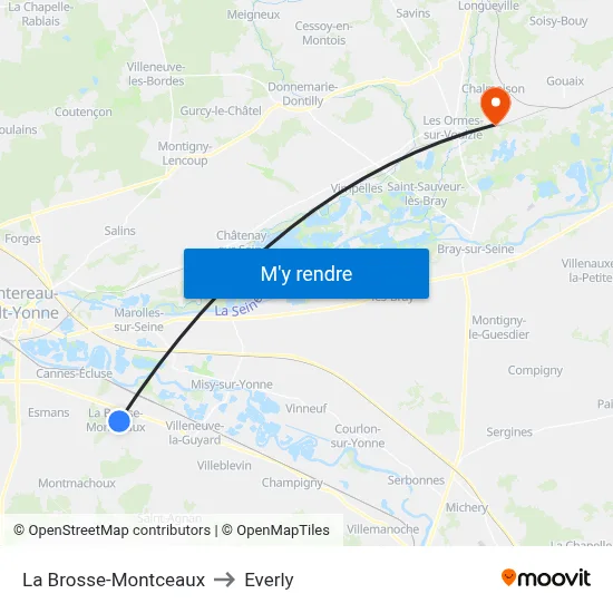 La Brosse-Montceaux to Everly map