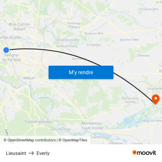 Lieusaint to Everly map