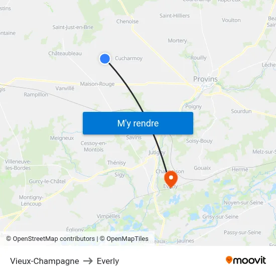 Vieux-Champagne to Everly map