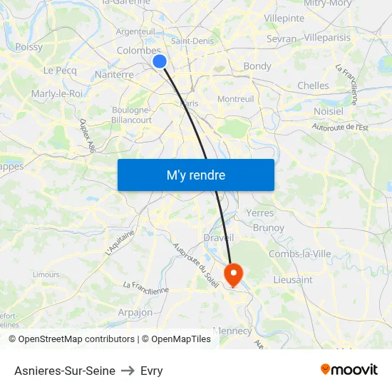 Asnieres-Sur-Seine to Evry map