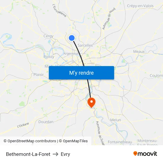 Bethemont-La-Foret to Evry map
