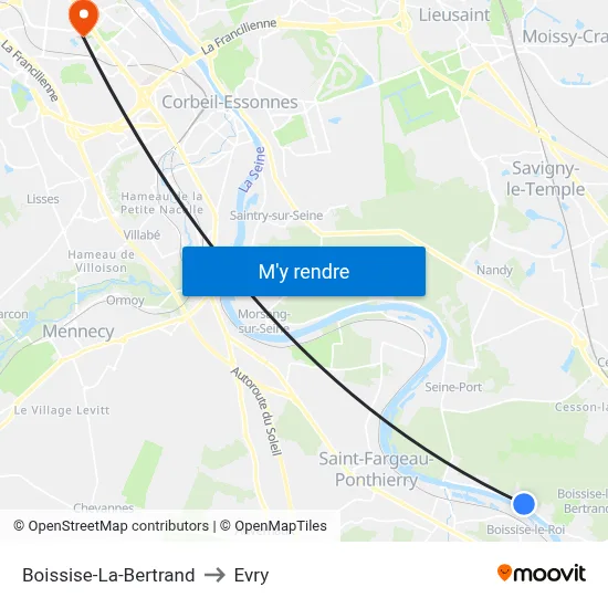 Boissise-La-Bertrand to Evry map