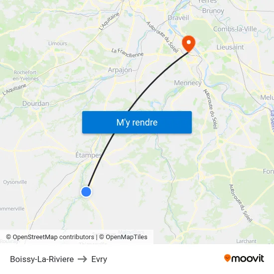 Boissy-La-Riviere to Evry map