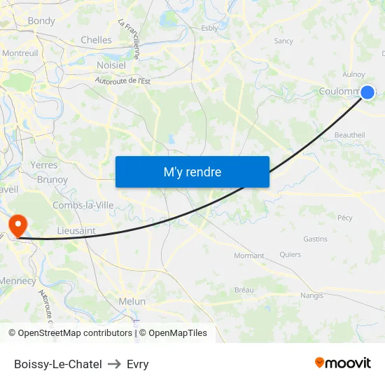 Boissy-Le-Chatel to Evry map