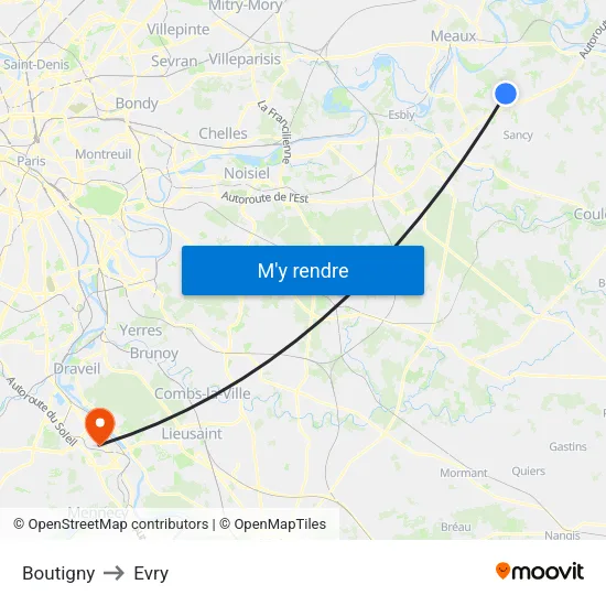 Boutigny to Evry map
