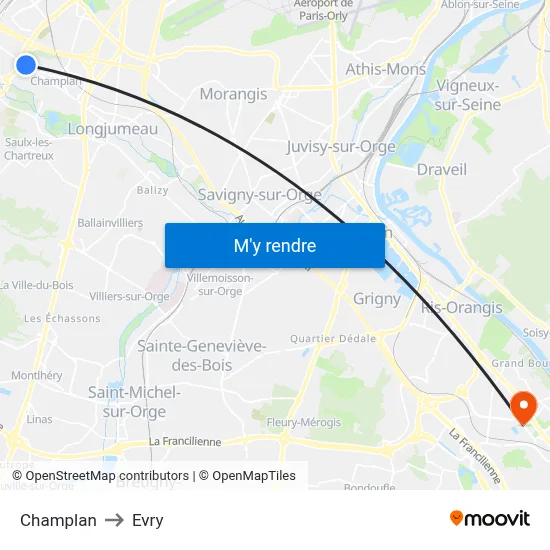 Champlan to Evry map
