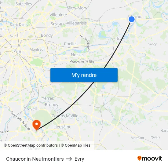 Chauconin-Neufmontiers to Evry map