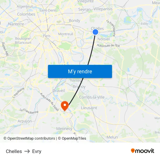 Chelles to Evry map