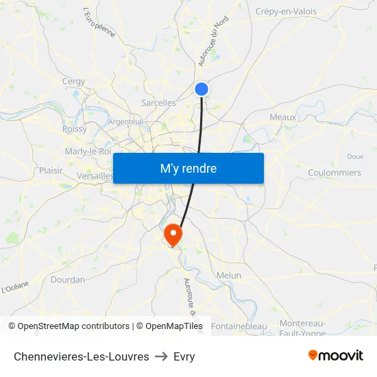 Chennevieres-Les-Louvres to Evry map