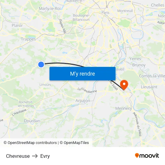 Chevreuse to Evry map