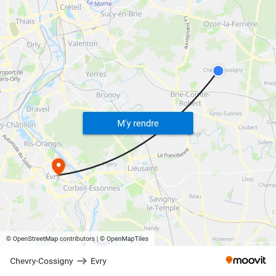 Chevry-Cossigny to Evry map