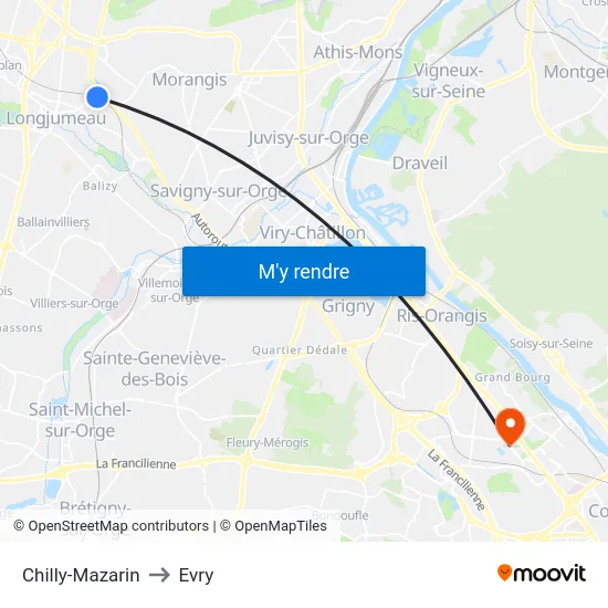 Chilly-Mazarin to Evry map