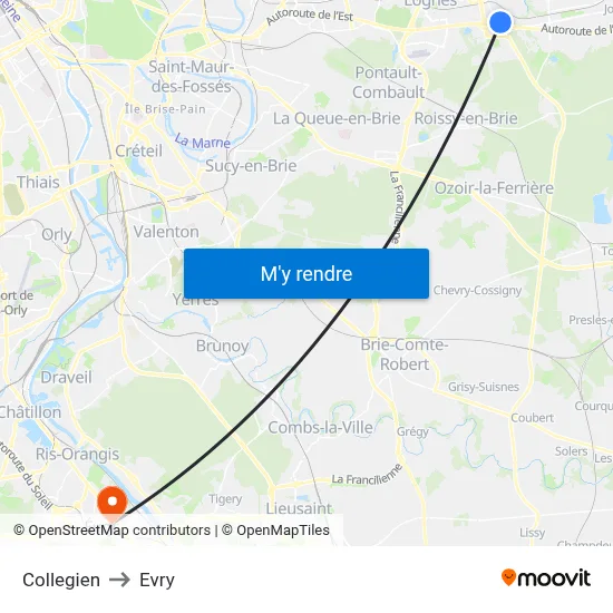 Collegien to Evry map