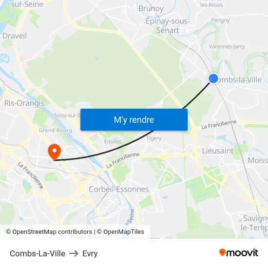 Combs-La-Ville to Evry map