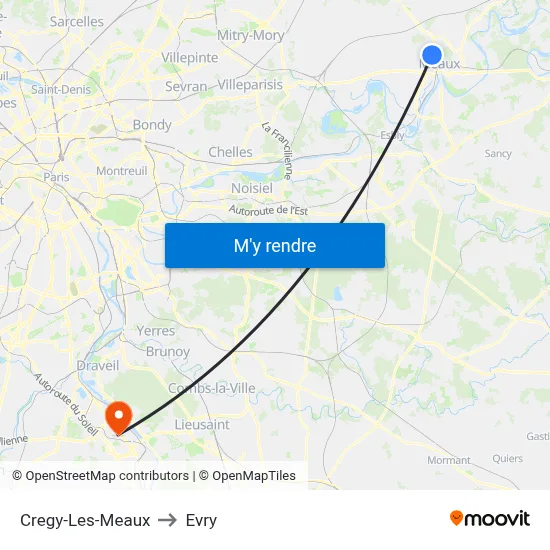 Cregy-Les-Meaux to Evry map
