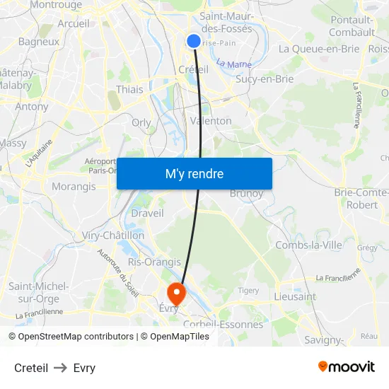 Creteil to Evry map