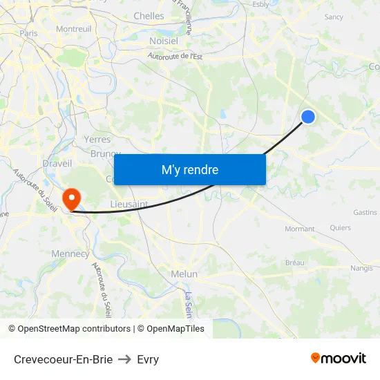 Crevecoeur-En-Brie to Evry map