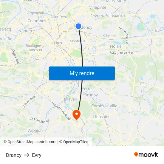 Drancy to Evry map
