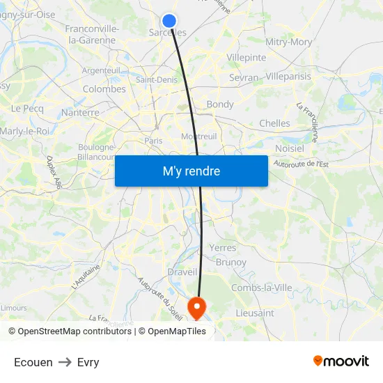 Ecouen to Evry map