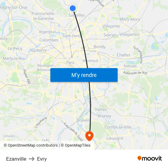 Ezanville to Evry map