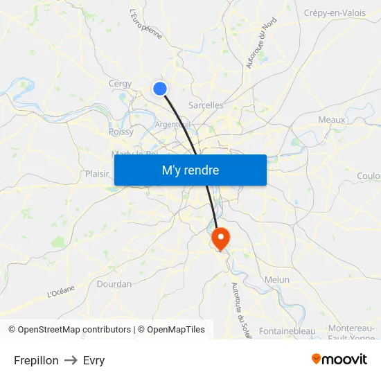 Frepillon to Evry map