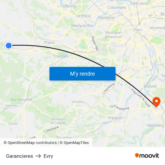 Garancieres to Evry map
