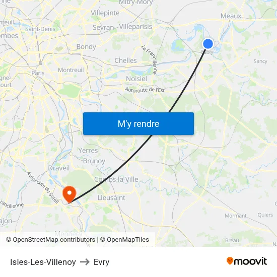 Isles-Les-Villenoy to Evry map