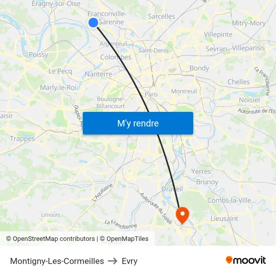Montigny-Les-Cormeilles to Evry map