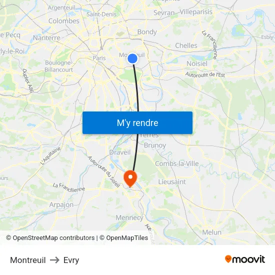 Montreuil to Evry map