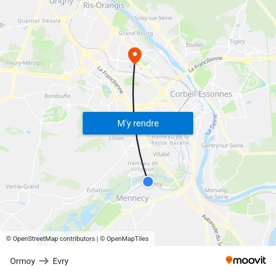 Ormoy to Evry map